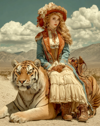 Jennifer Hanging Out with Her Tiger - Vintage Style Cowgirl Art Print