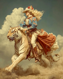 Rebecca Riding Her Tiger- Vintage Style Cowgirl Art Print