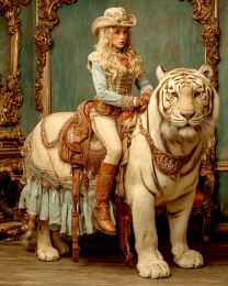 Young Rebecca Riding Her Tiger- Vintage Style Cowgirl Art Print