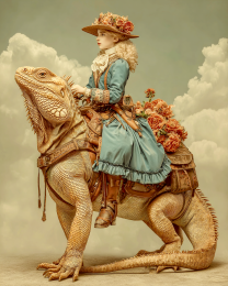 Jennifer Riding Her Bearded Dragon - Vintage Style Cowgirl Art Print