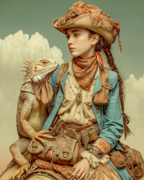 Rebecca On Her Horse with Her Bearded Dragon - Vintage Style Cowgirl Art Print