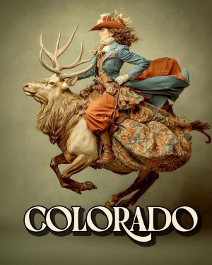 Cowgirl Riding an Elk - Colorado Souvenir Art Print