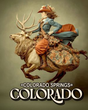 Cowgirl Riding an Elk - Colorado Springs Souvenir Art Print