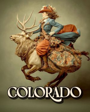 Cowgirl Riding an Elk - Colorado Souvenir Art Print