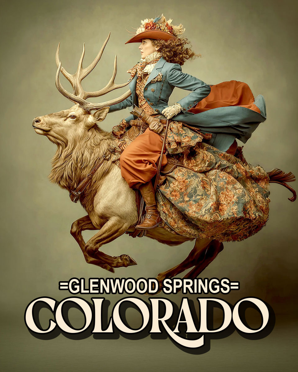 Cowgirl Riding an Elk - Glenwood Springs Souvenir Art Print