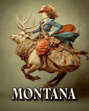 Cowgirl Riding an Elk -  Montana Souvenir Art Print