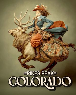 Cowgirl Riding an Elk -  Pikes Peak Souvenir Art Print