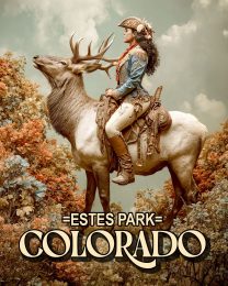 Cowgirl and Elk -  Estes Park Souvenir Art Print