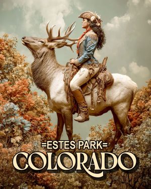 Cowgirl and Elk -  Estes Park Souvenir Art Print