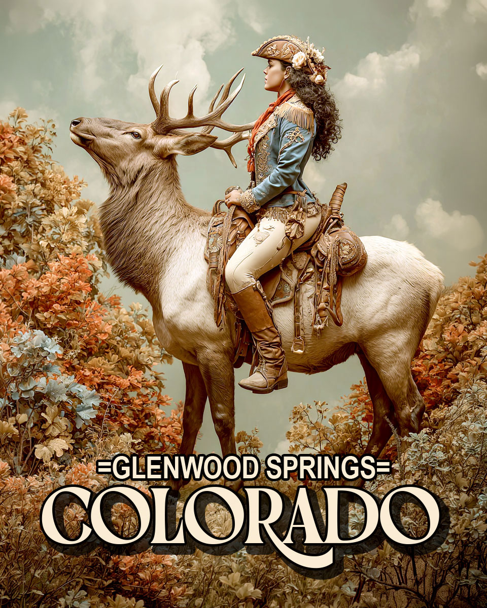 Cowgirl and Elk - Glenwood Springs Souvenir Art Print