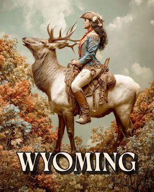 Cowgirl and Elk -  Wyoming Souvenir Art Print