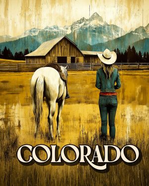 Cowgirl and Her Horse by the Barn - Colorado Souvenir Art Print