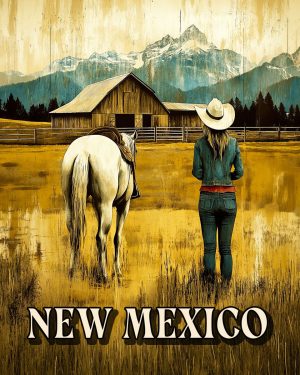 Cowgirl and Her Horse by the Barn -  New Mexico Souvenir Art Print