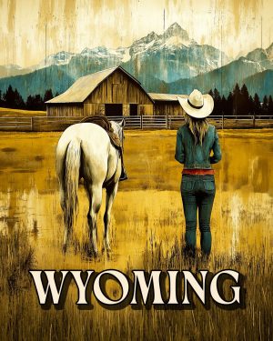 Cowgirl and Her Horse by the Barn -  Wyoming Souvenir Art Print