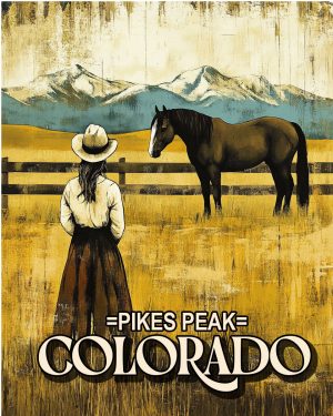 Cowgirl and Her Horse -  Pikes Peak Souvenir Art Print