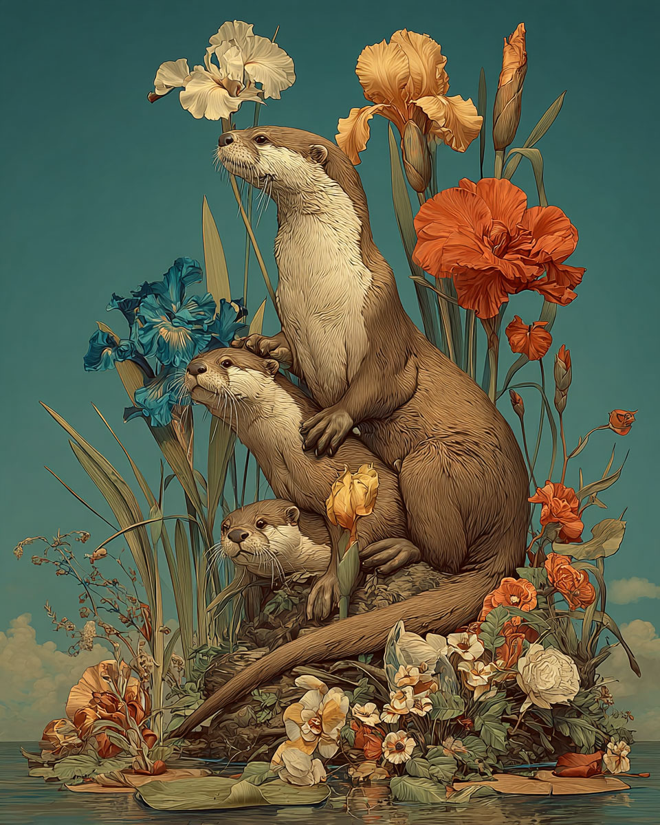 Curious Otter Family - Vintage Style Wildlife Art Print