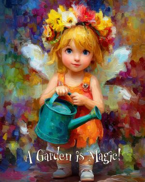 Daisy Daffodil Watering Her Flowers - A Garden is Magic - Faires Art Print