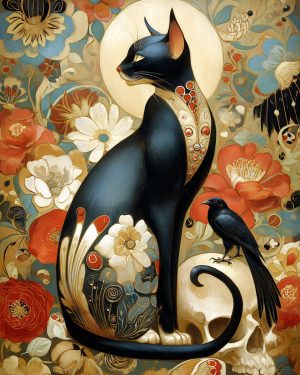 Dark Academia Nouveau Cat and Bird