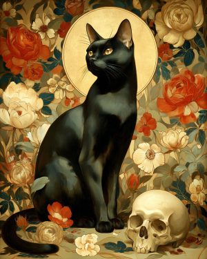 Dark Academia Nouveau Still Life of a Black Cat Crow Roses and Skull