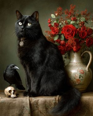 Dark Academia Still Life of a Black Cat Crow Roses and Skull