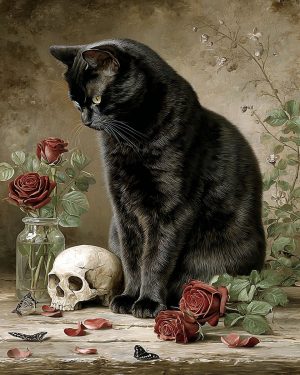 Dark Academia Still Life of a Black Cat Looking at a Butterfly by a Skull