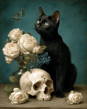 Dark Academia Still Life of a Black Cat and Skull