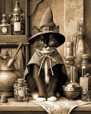 Dark Academia Still Life of a Cat Raven and Skull