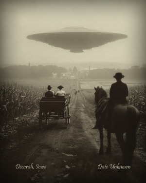 Decorah, Iowa - Alien Flying Saucer Over Town - Vintage Style Agriculture Cryptid Photo