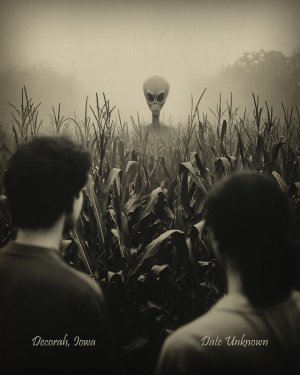 Decorah, Iowa - Alien Pops Up - Vintage Style Agriculture Cryptid Photo