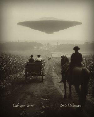 Dubuque, Iowa - Alien Flying Saucer Over Town - Vintage Style Agriculture Cryptid Photo