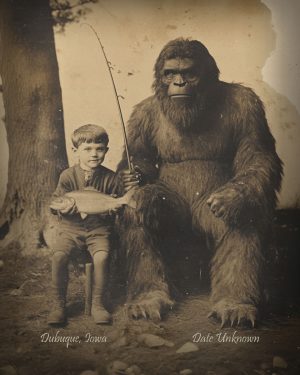 Dubuque, Iowa - Bigfoot Fishing - Vintage Style Agriculture Cryptid Photo
