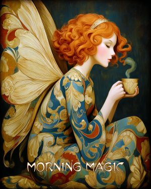 Ember Sunflare Nightwing Enjoying a Cup of Coffee - Morning Magic - Faires Art Print