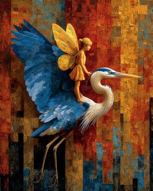 Fairy Hitching a Ride with a Great Blue Heron - Faires Art Print