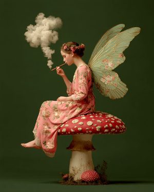 Fairy Sitting on a Muscaria Amanita Mushroom Smoking a Marijuana Joint - Faires Art Print