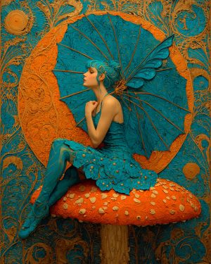 Fairy Sitting on an Amanita Mushroom - Faires Art Print