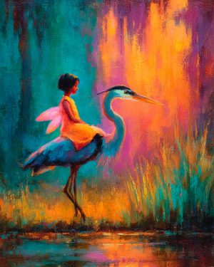 Fairy Taking a Walk with a Great Blue Heron - Faires Art Print