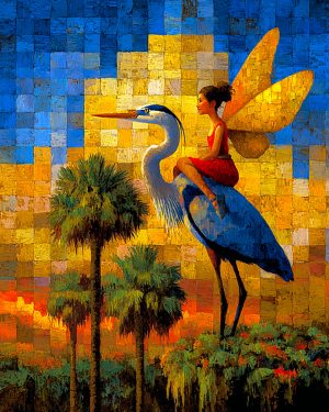 Fairy and Great Blue Heron Taking in the View - Fairy Art Print