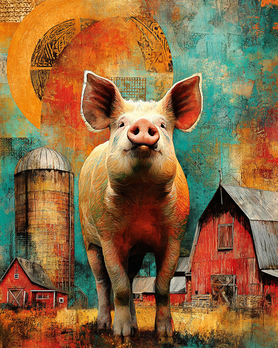 Abstract Pig in Barnyard Art Print