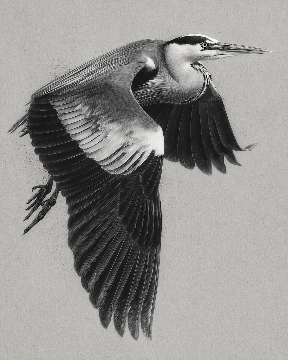 Flying Great Blue Heron - Black and White Wildlife Art Print