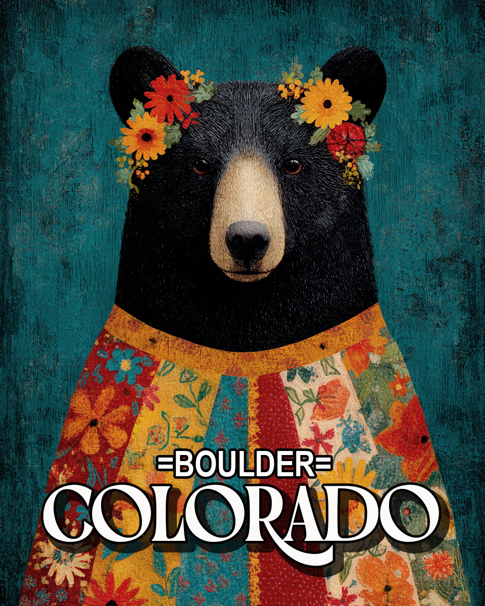 Folk Art Black Bear with Flower Crown - Boulder Colorado Souvenir Art Print.jpg