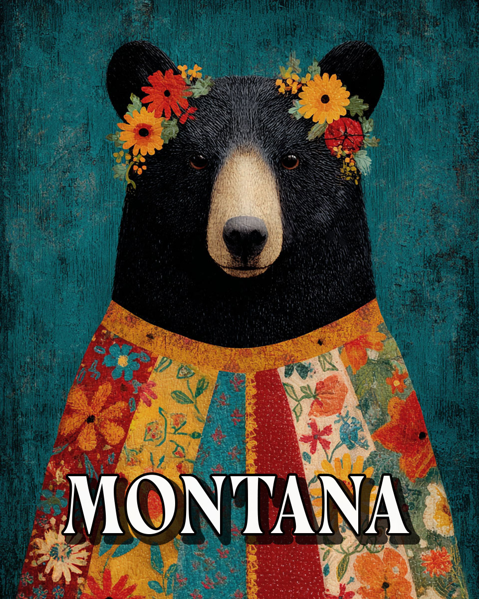 Folk Art Black Bear with Flower Crown -  Montana Souvenir Art Print