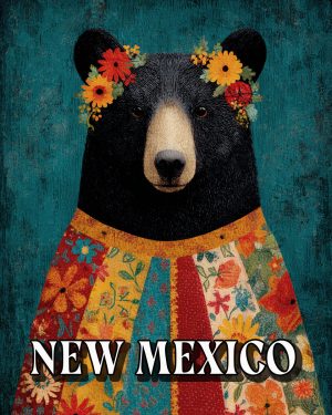 Folk Art Black Bear with Flower Crown -  New Mexico Souvenir Art Print