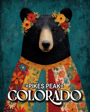 Folk Art Black Bear with Flower Crown -  Pikes Peak Souvenir Art Print