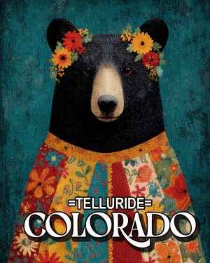 Folk Art Black Bear with Flower Crown -  Telluride Souvenir Art Print