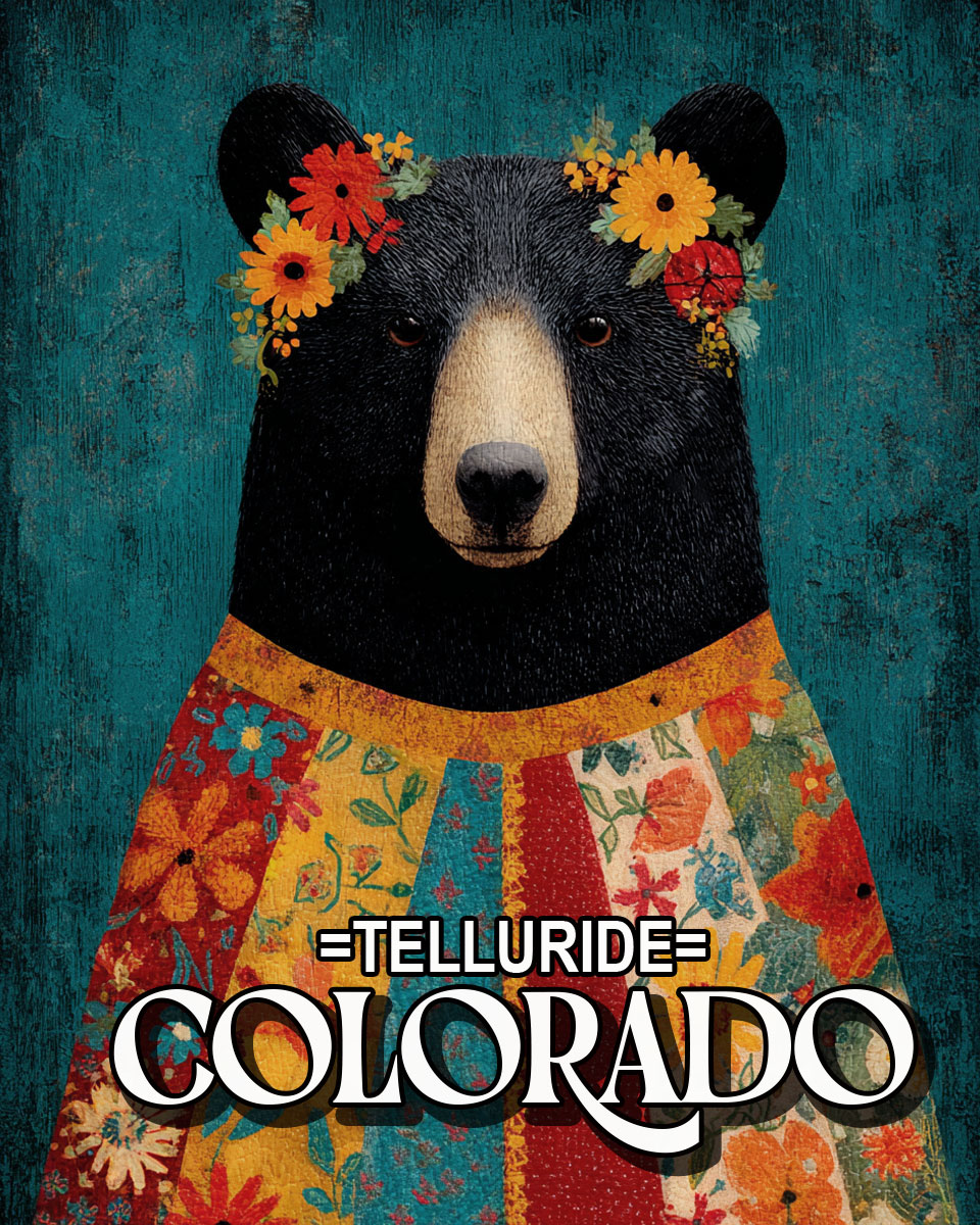 Folk Art Black Bear with Flower Crown -  Telluride Souvenir Art Print