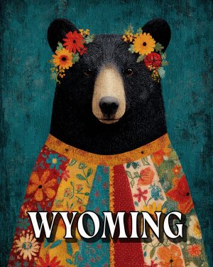 Folk Art Black Bear with Flower Crown -  Wyoming Souvenir Art Print