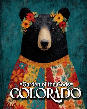 Folk Art Black Bear with Flower Crown - Garden of the Gods Souvenir Art Print