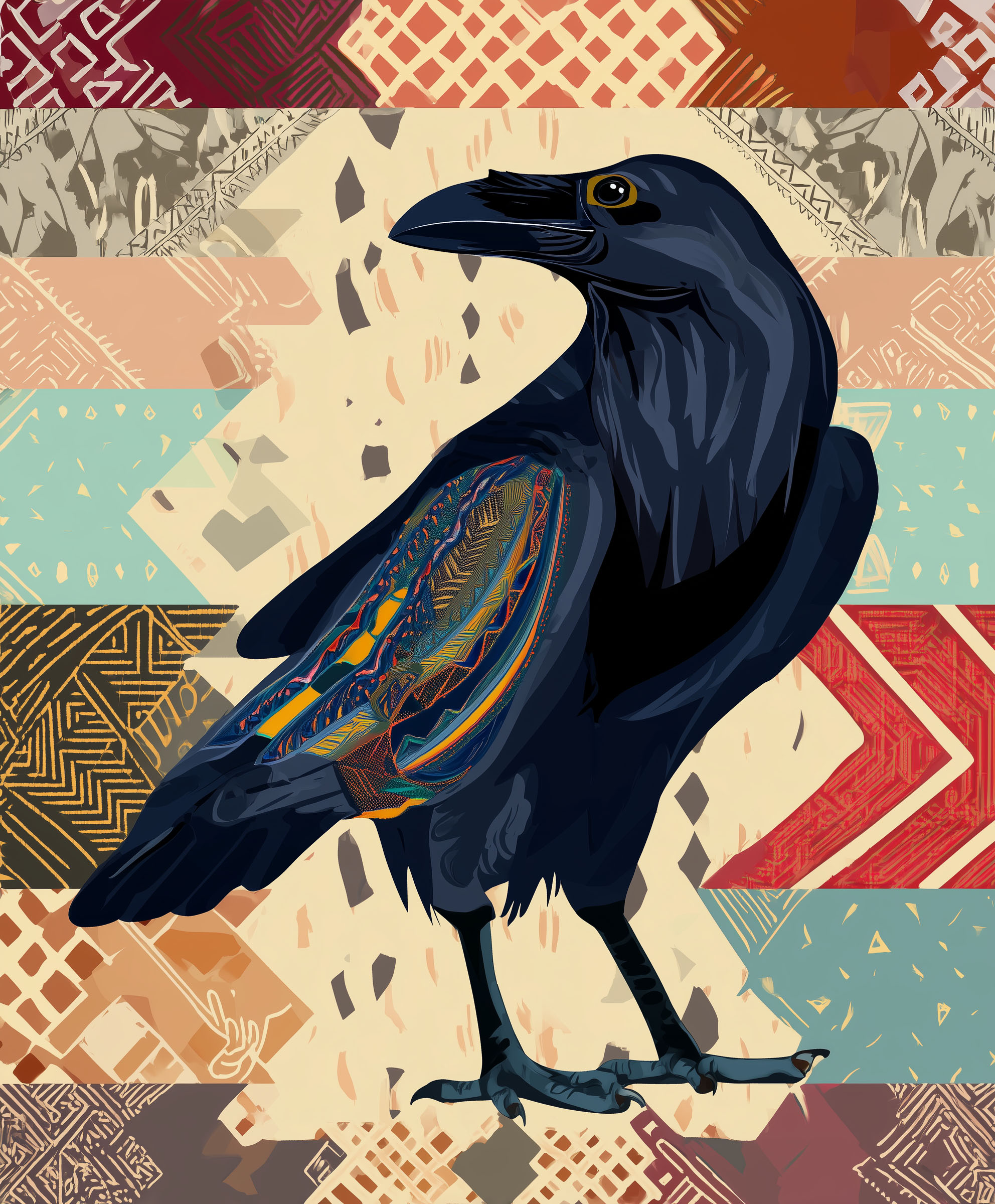 Folk Art Raven against Native American Blanket