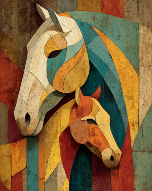 Folk Art Style Horse Mare and Colt