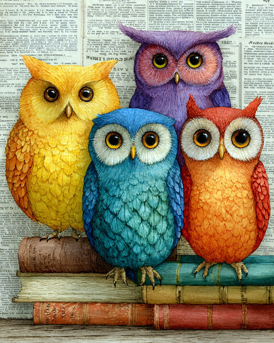 Four Wise Owls - Wildlife Art Print